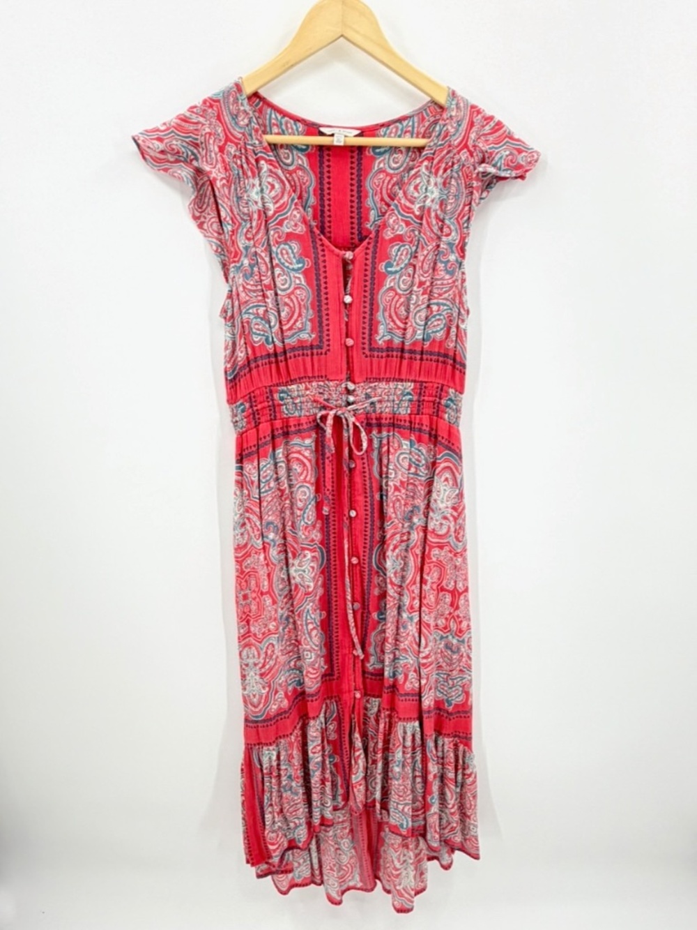 Lucky Brand Border Print Felice Dress Medium Red Paisley Boho High Low Midi M